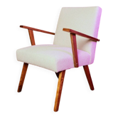 Vintage armchair beige bouclé walnut wood 1950