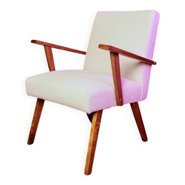 Vintage armchair beige bouclé walnut wood 1950