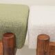 Set two footrest in vintage style, boucle upholstery, wooden pouffe