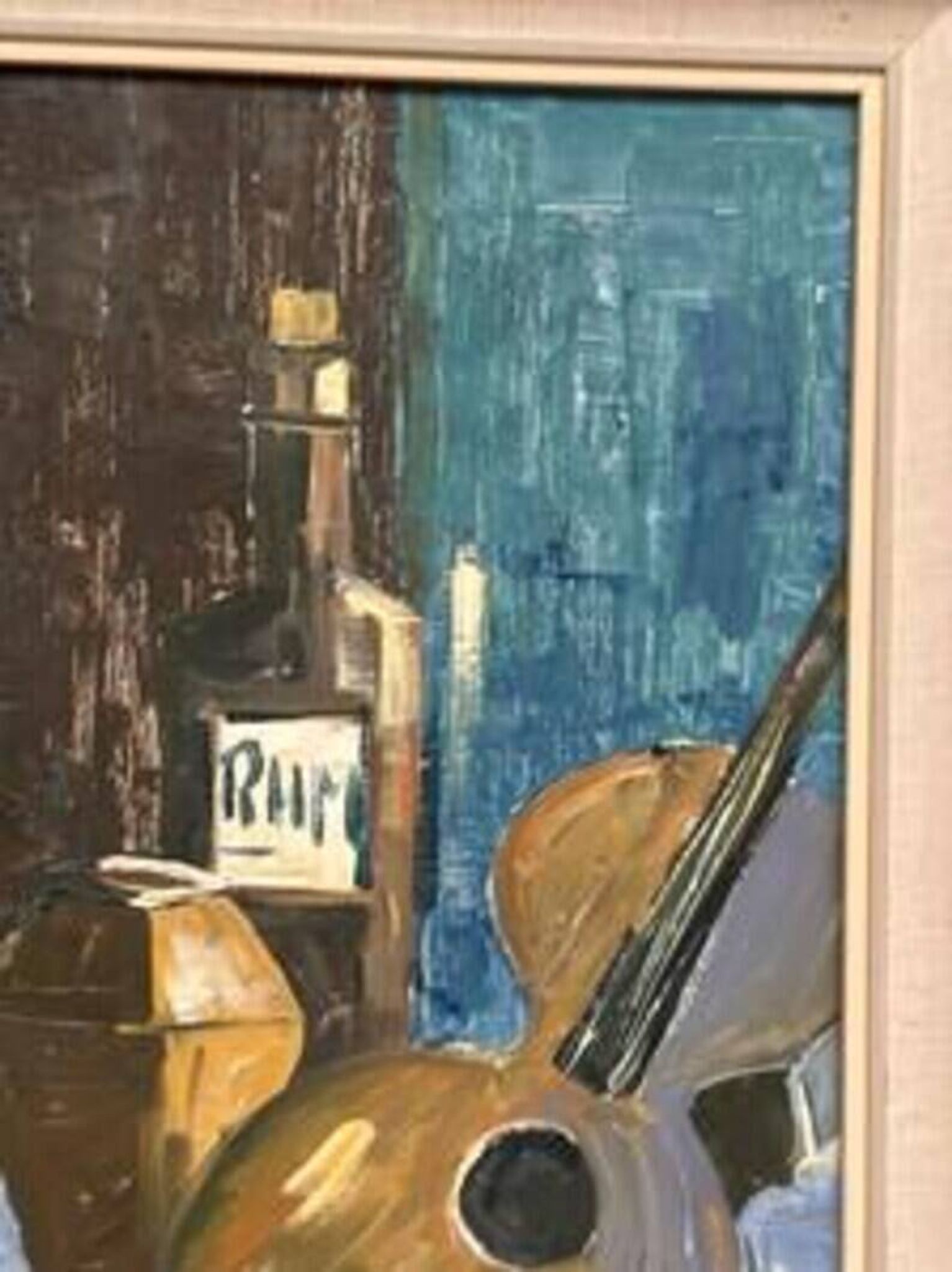 Original Swedish Oil on Canvas – "Guitar and Rum" – Signed – Vintage and Framed – 53 × 34 cm (20.9" × 13.4")