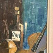 Original Swedish Oil on Canvas – "Guitar and Rum" – Signed – Vintage and Framed – 53 × 34 cm (20.9" × 13.4")