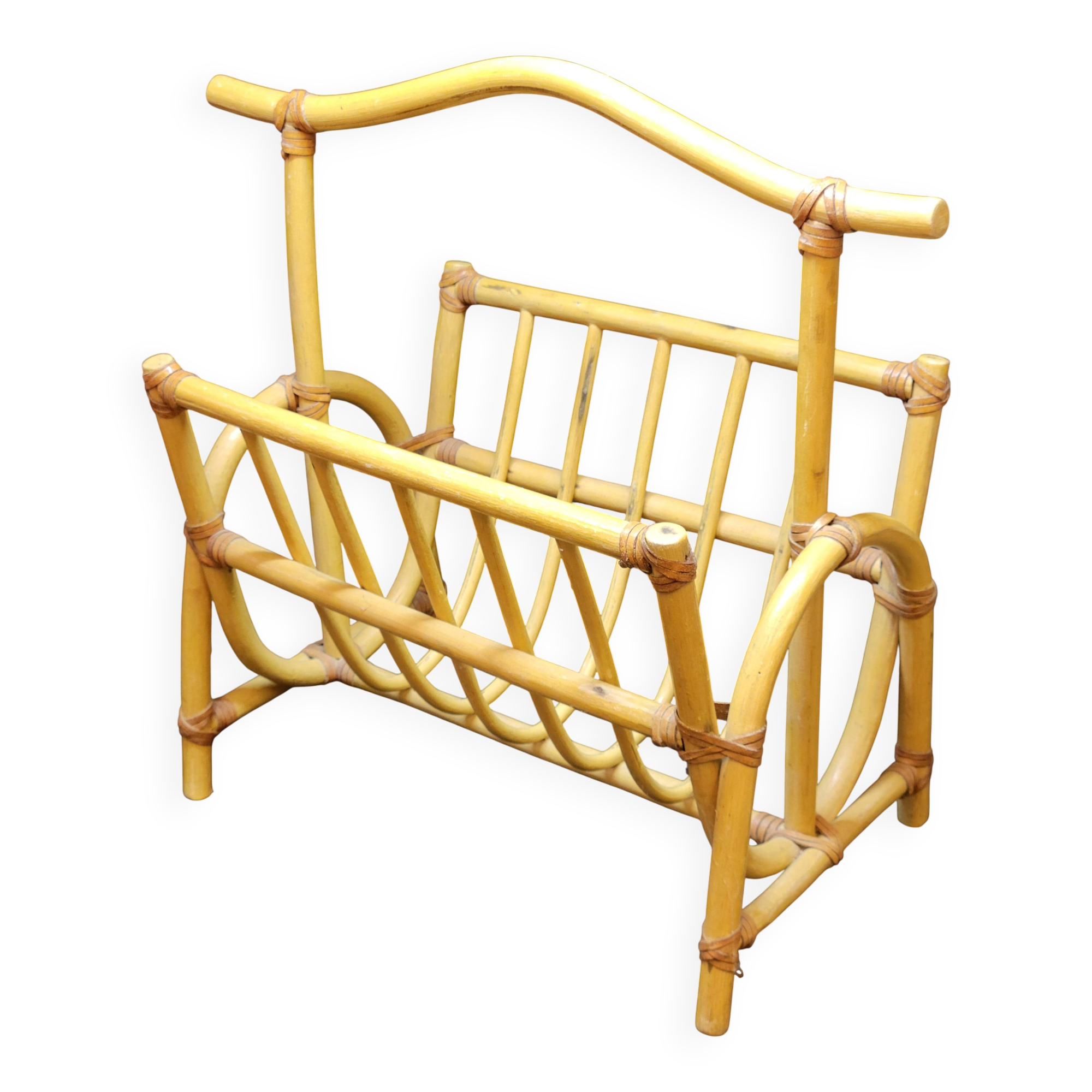 Large vintage bamboo magazine rack with leather straps, 1970s