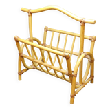 Grand porte revue vintage en bambou et lanières en cuir années 1970