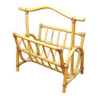 Large vintage bamboo magazine rack with leather straps, 1970s