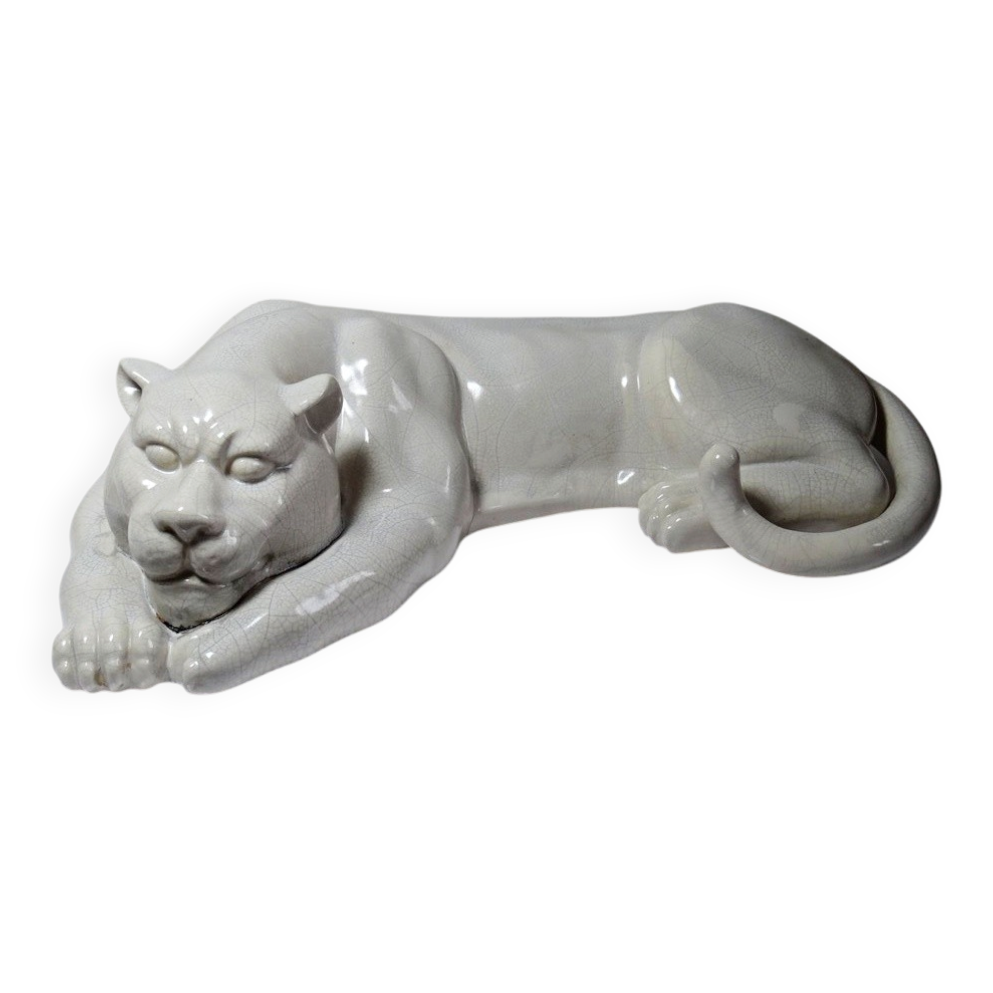 Large elongated panther in crackled earthenware, vintage 1960s-1980s.