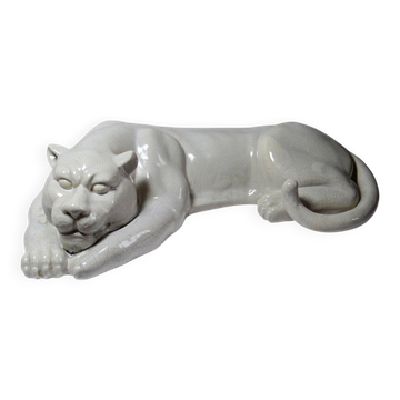 Large elongated panther in crackled earthenware, vintage 1960s-1980s.