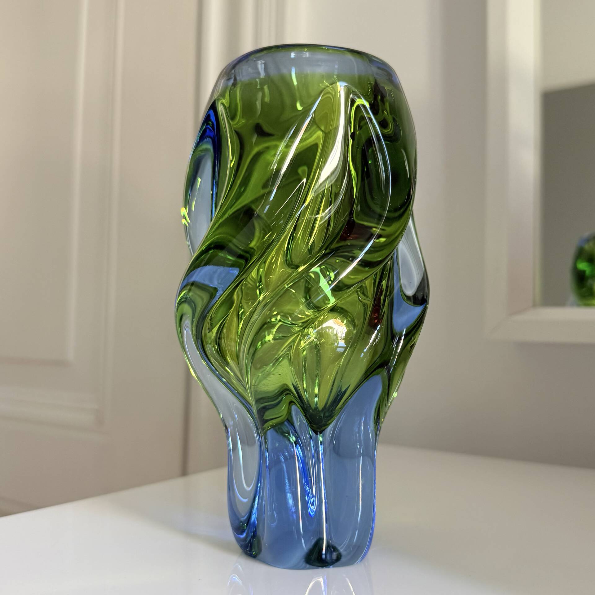 Twisted Sommerso art glass vase, Czech bohemian, 1970s, blue-green.