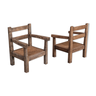 Pair of Mid-Century French Rush Primitive Oak Armchairs