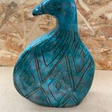 Ancien Vase Zoomorphe Oiseau Terre Cuite Émaillée Verte Ciselé Vintage