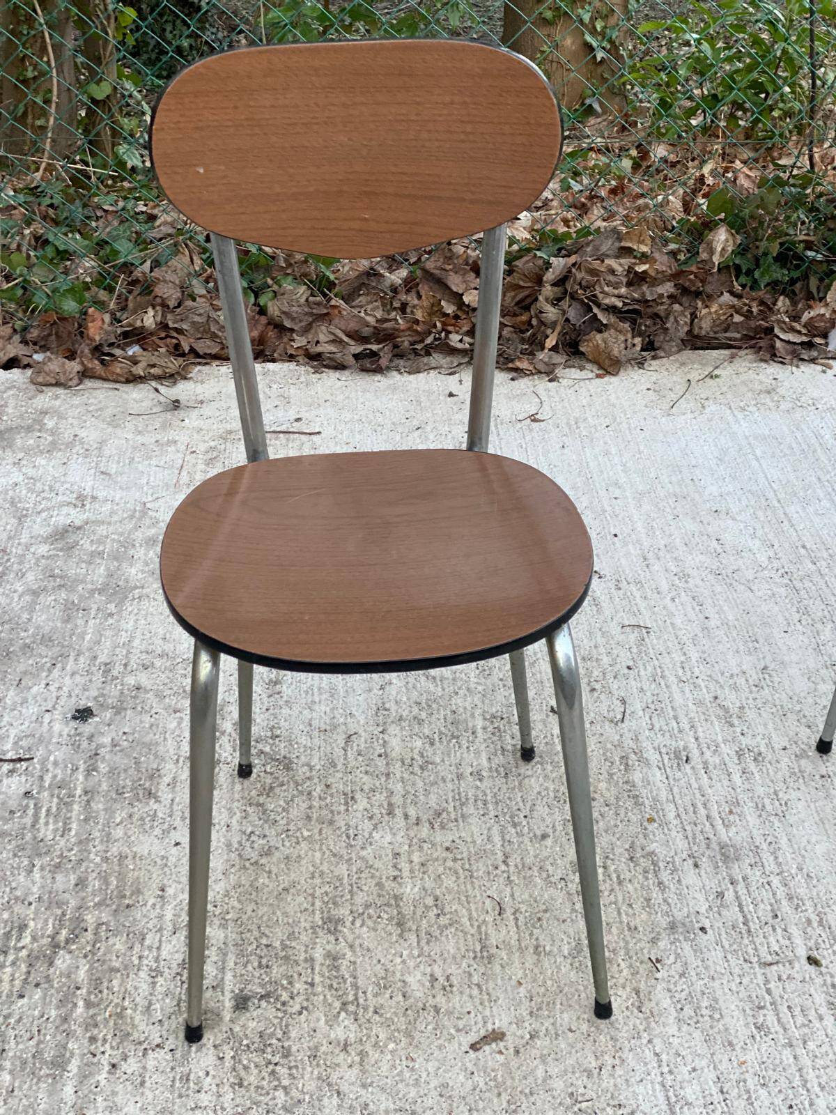 4 brown formica kitchen chairs with wood effect