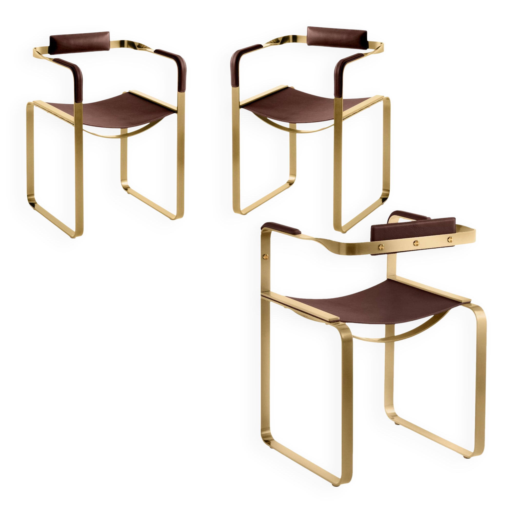 Set of 3 Armchairs, Aged Brass Steel and Dark Brown Leather, Contemporary Style