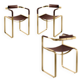 Set of 3 Armchairs, Aged Brass Steel and Dark Brown Leather, Contemporary Style