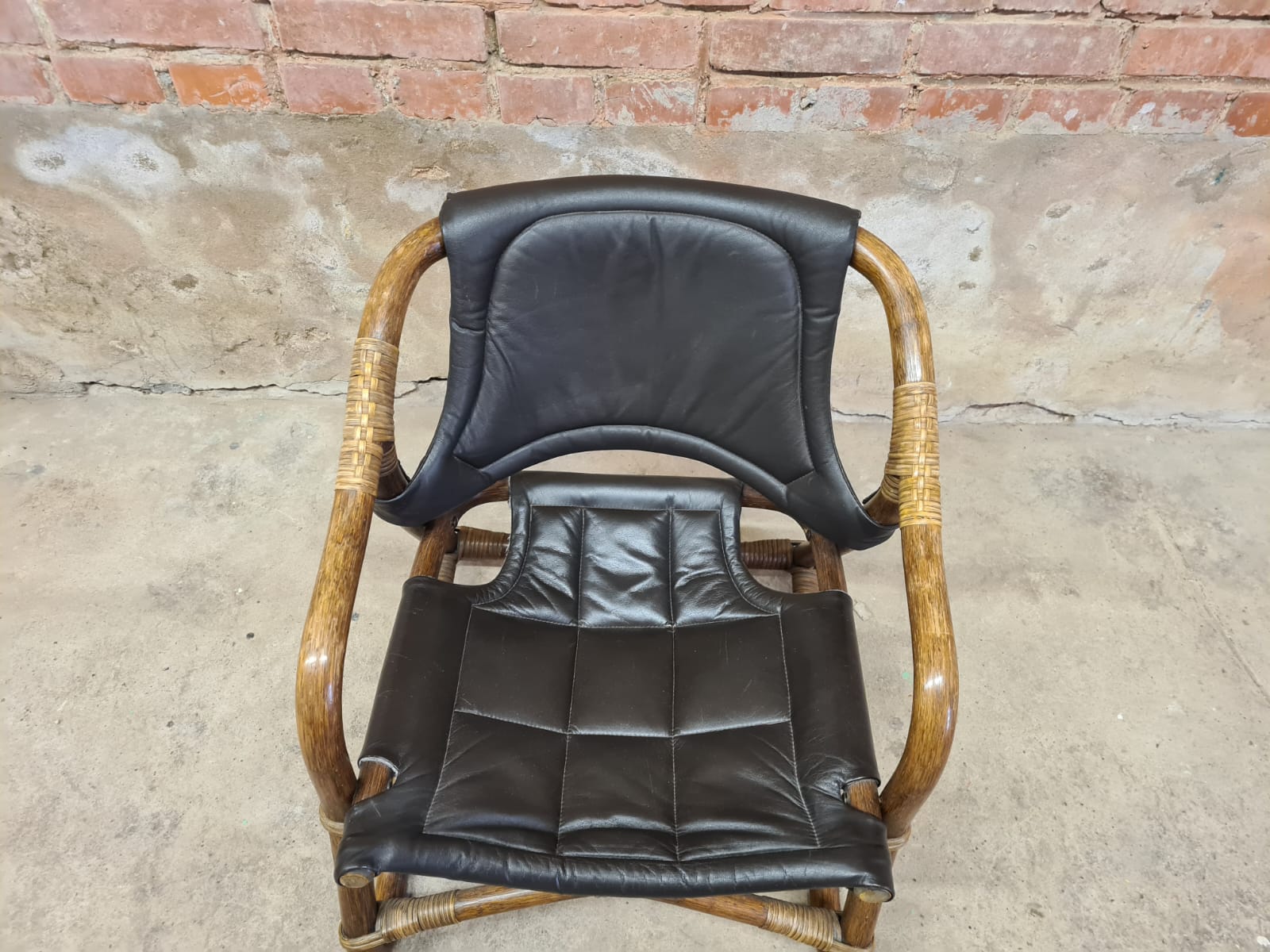 Pair of vintage skaï bamboo armchairs