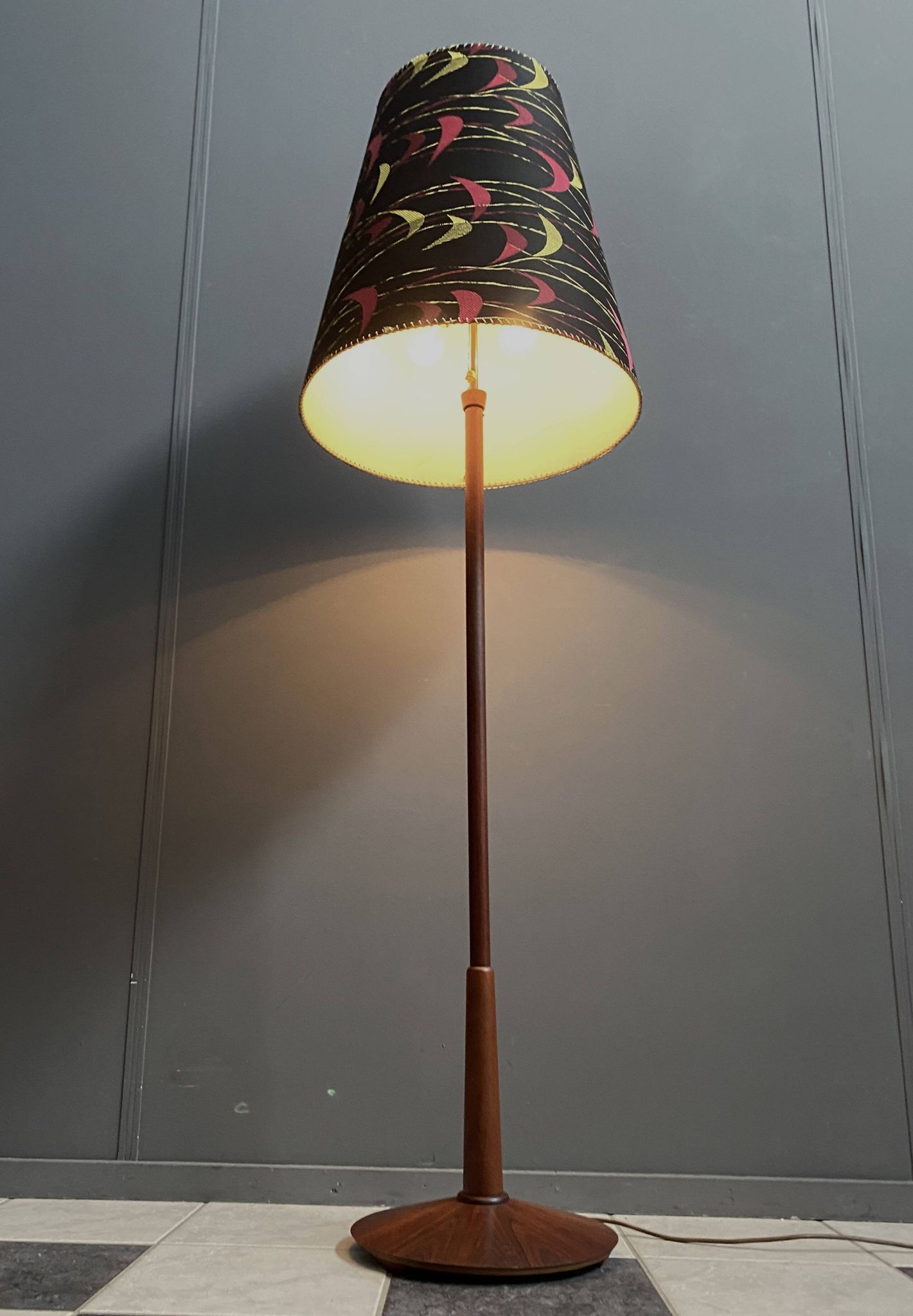 Danish Teak floor lamp with Black and Red , Yellow shade 1960s