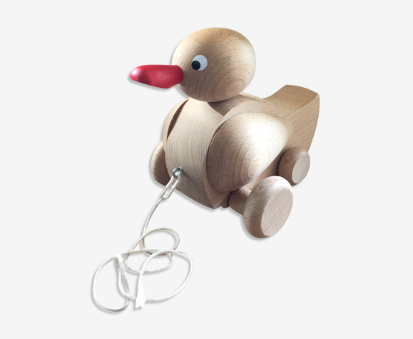 Canard à roulettes en bois brut