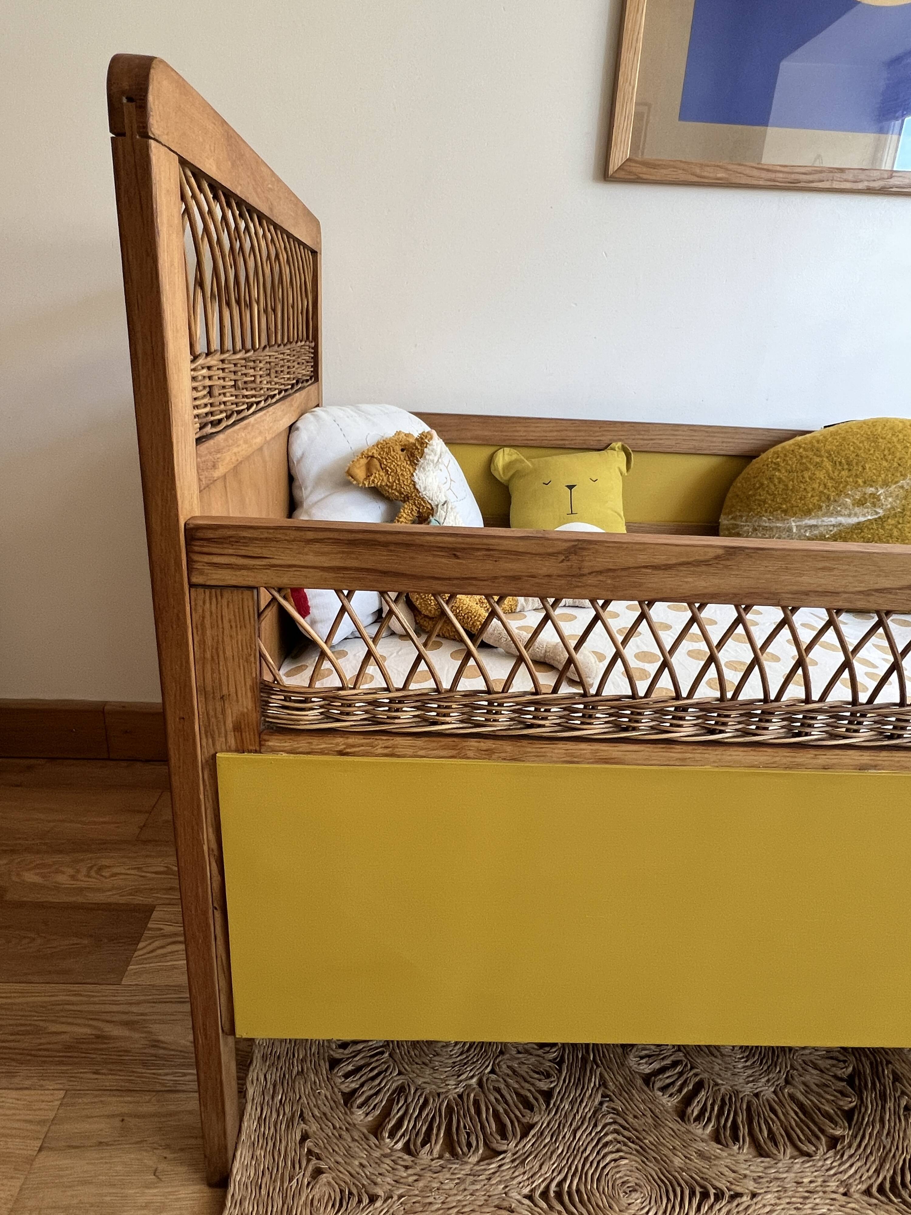 Vintage rattan and wood baby bed