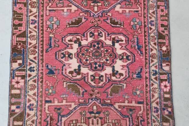 1970s Vintage Turkish Hand-Knotted Wool Cotton Pink Runner Rug 95x320