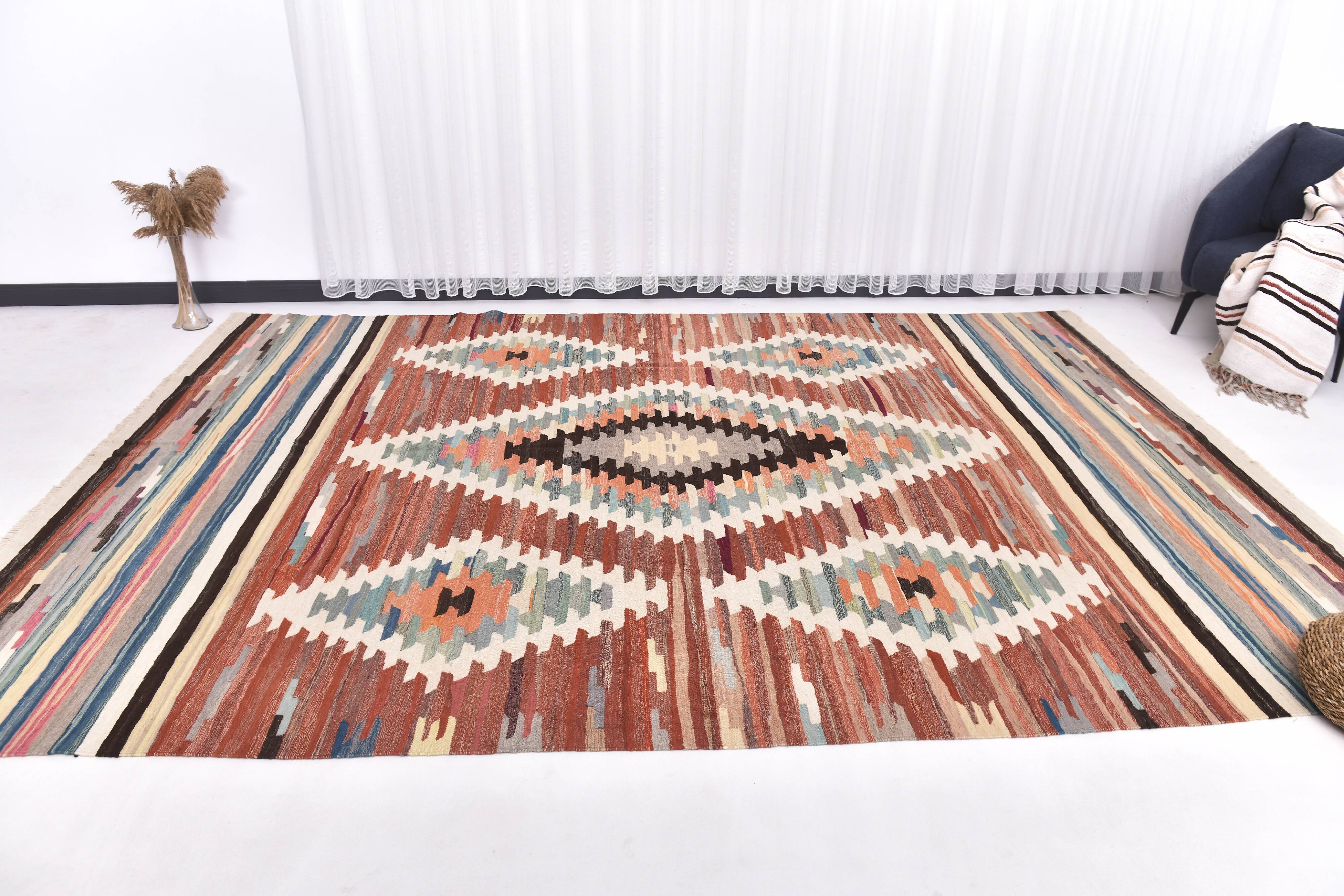 Large Woll Kilim Rug, Red Vintage Turkish kilim carpet 260x360 cm