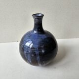 Blue glazed ceramic soliflore ball vase signed (Signature to be identified)