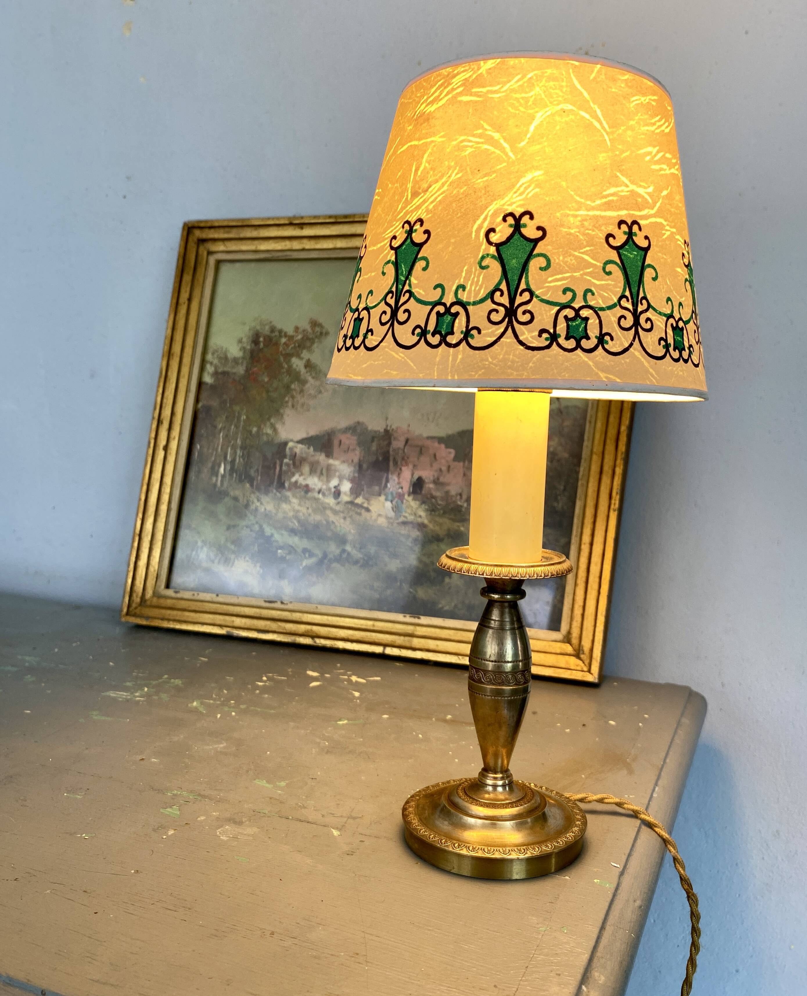 Brass lamp, 2 M new fabric cable, painted lampshade