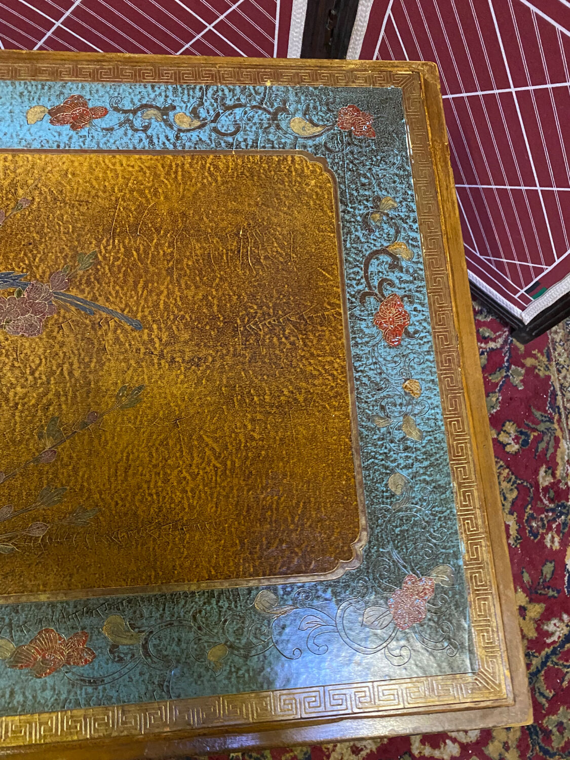 Chinese, Asian wooden coffee table nature peacock scene