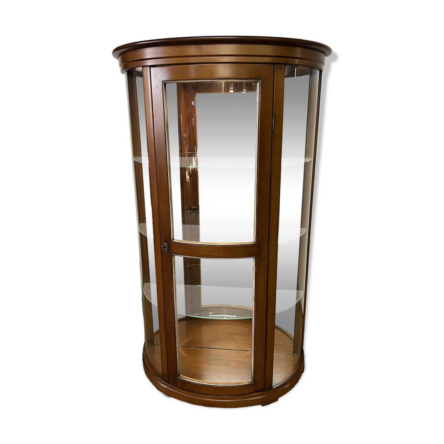 Wooden display case and half-moon mirror