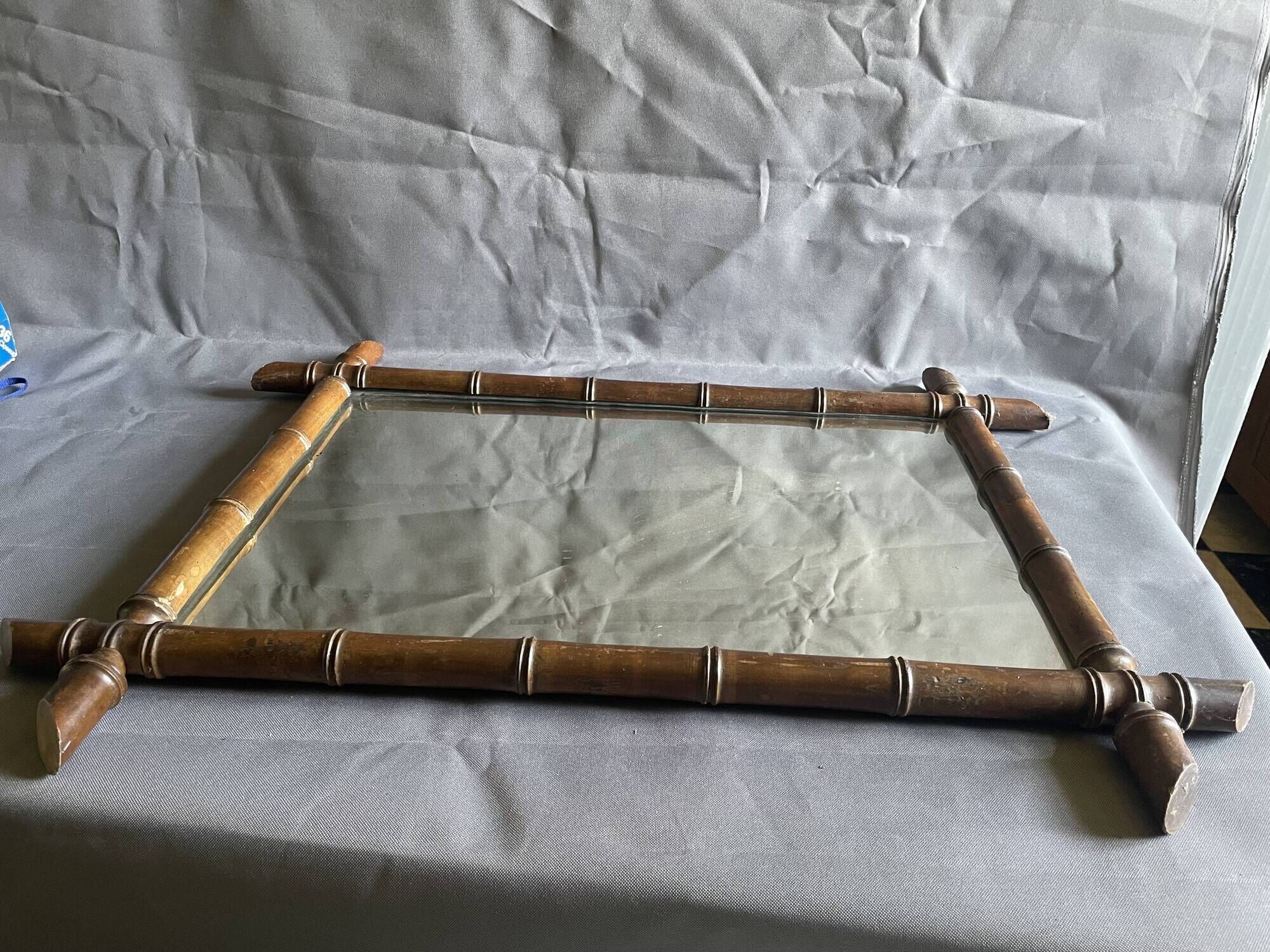 Large barber mirror from the 1940s/50s made of turned wood in a bamboo style.