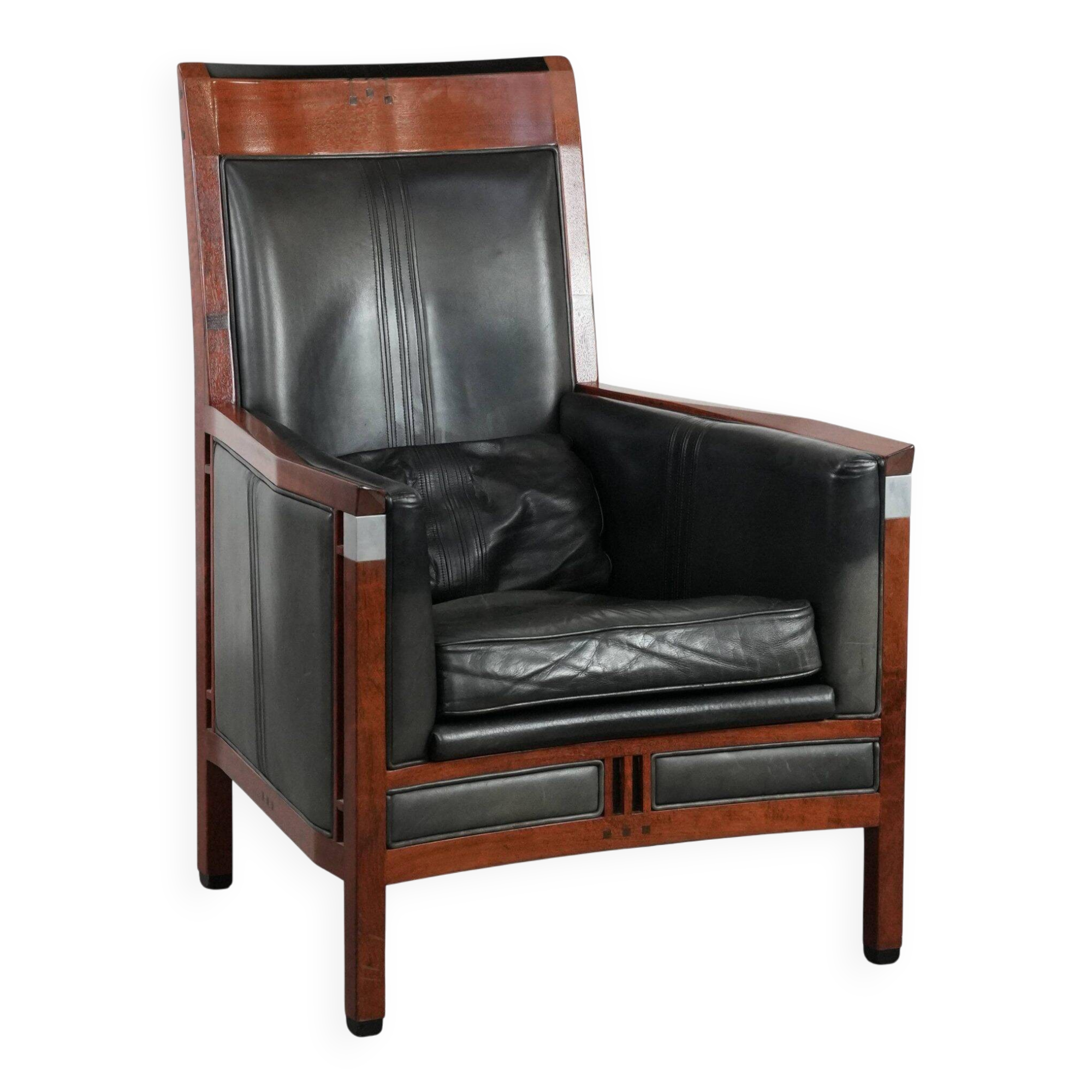 Black Art Deco cowhide leather and wooden design armchair with a high back