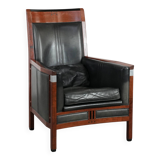Black Art Deco cowhide leather and wooden design armchair with a high back
