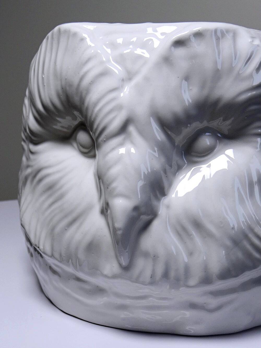 Large cache pot owl head vintage Italian white earthenware