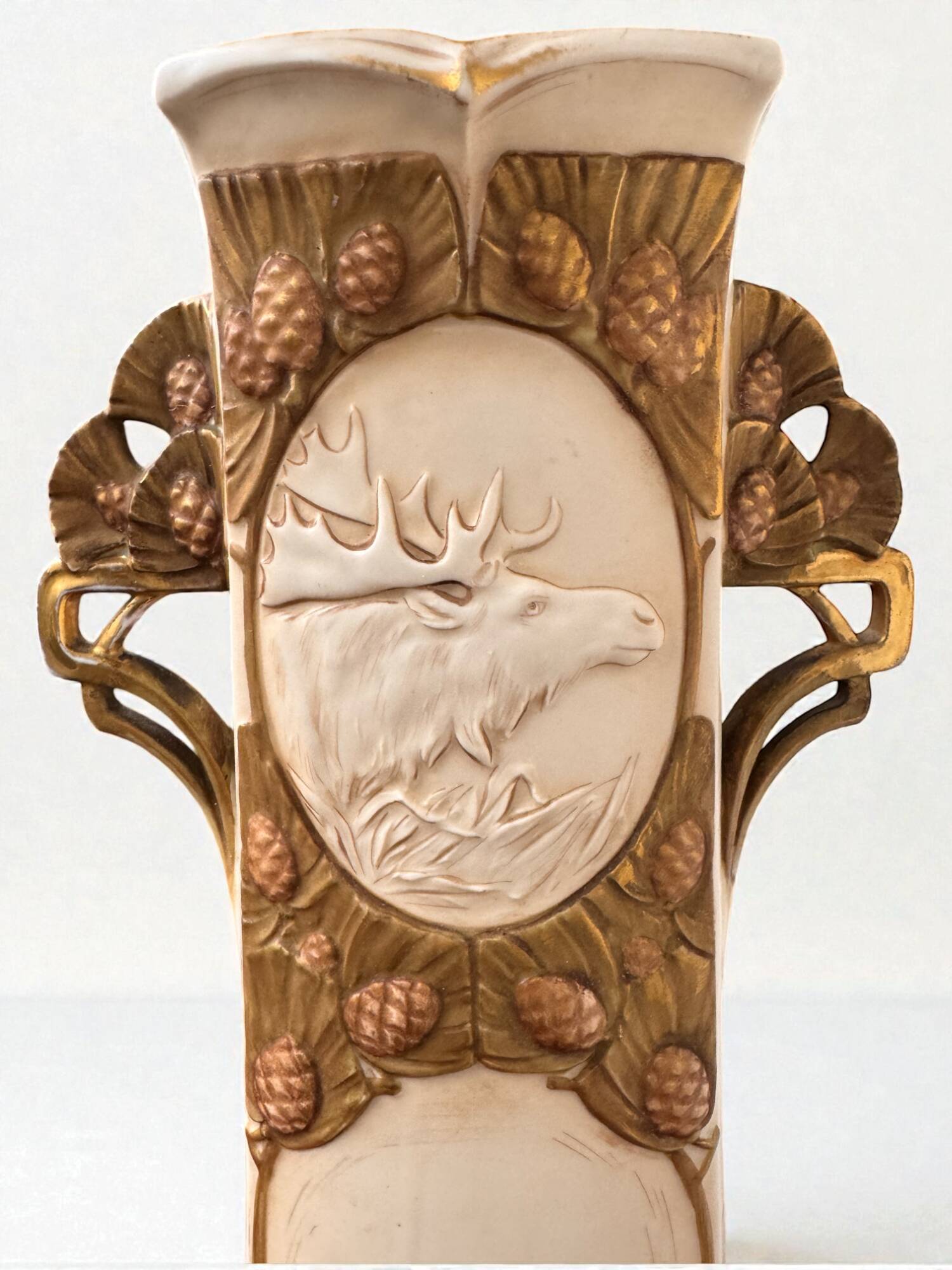 Art Nouveau vase Royal Dux Bohemia, sculpted deer, 1900s