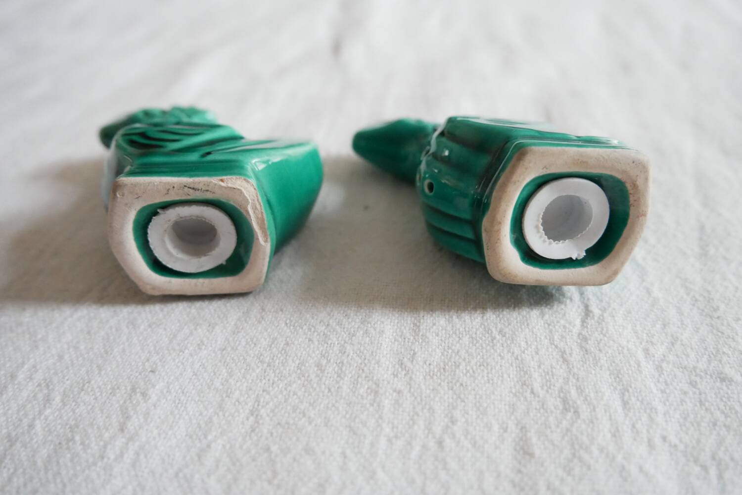 Slush salt and pepper shakers in the shape of a green rooster