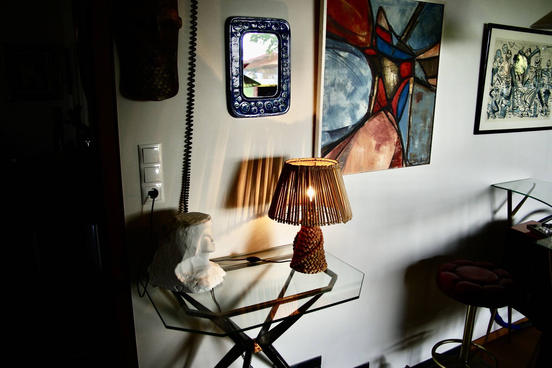 Vintage lamp in braided reed and bamboo