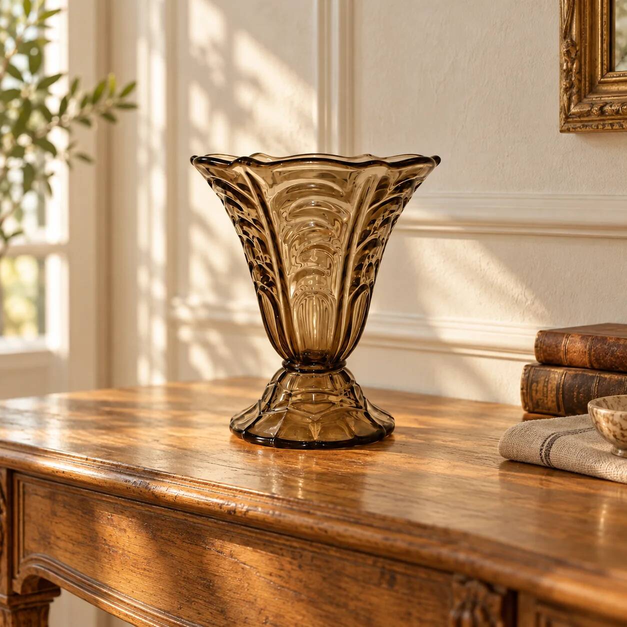 Vase en verre moulé teinté brun fumé