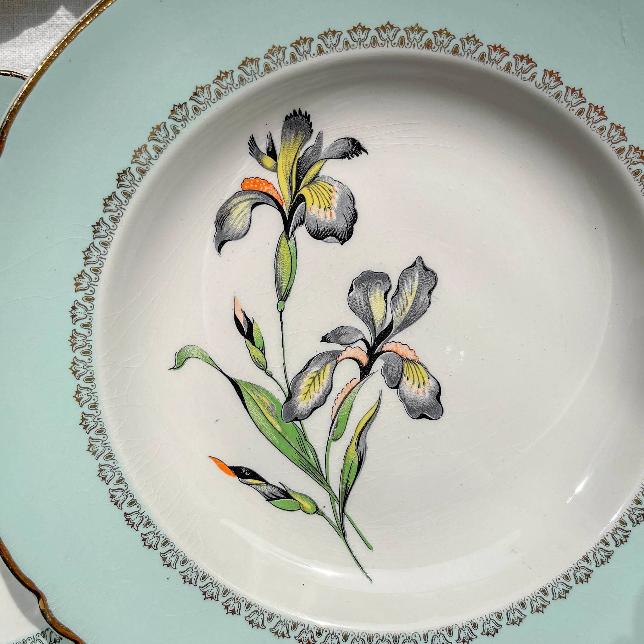 6 vintage white and green porcelain soup plates Iris Moulin des Loups "Sargosse" 1950s