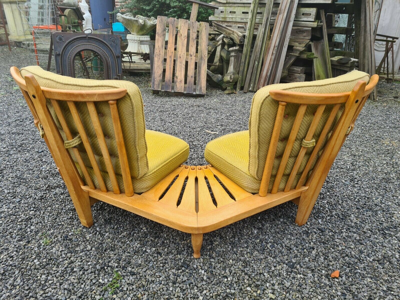 Vintage oak fan bench by Guillerme and Chambron