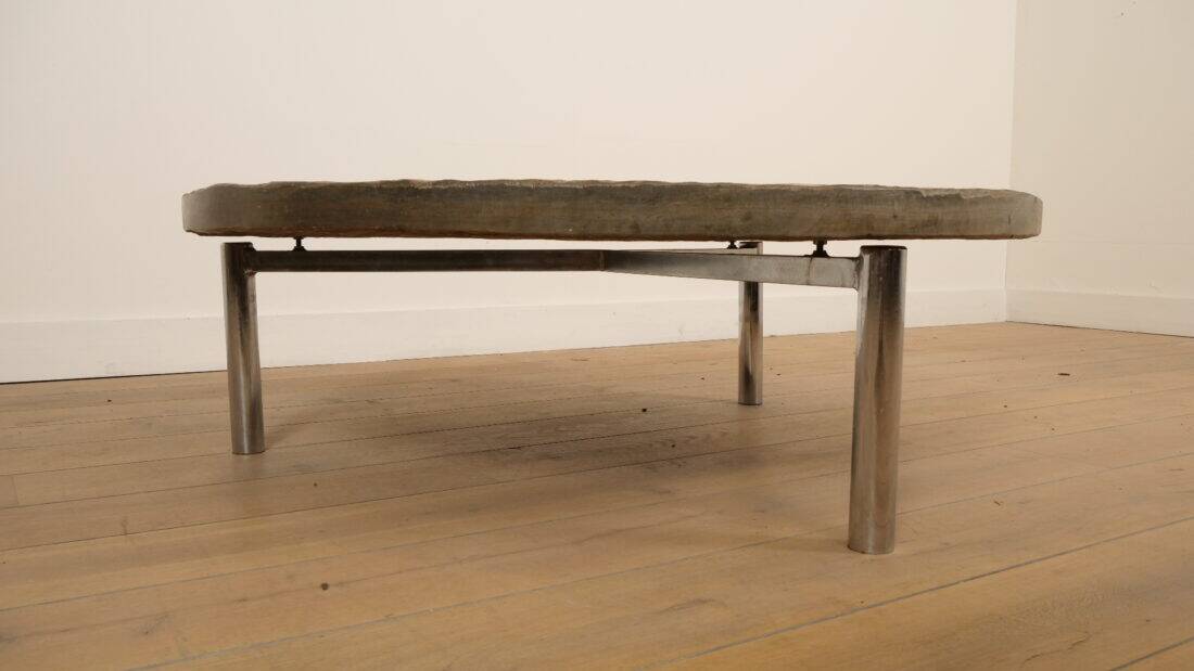 Vintage coffee table | Natural stone | Stainless steel | Brutalist