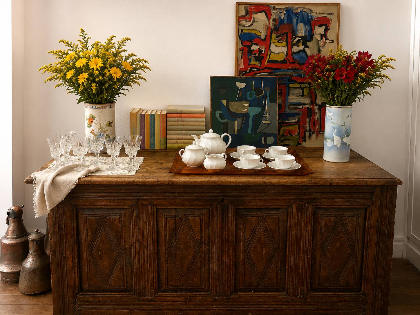 Large antique chest in weathered solid wood