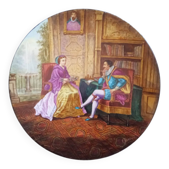 Large decorative plate in painted enamel signed 37cm in diameter