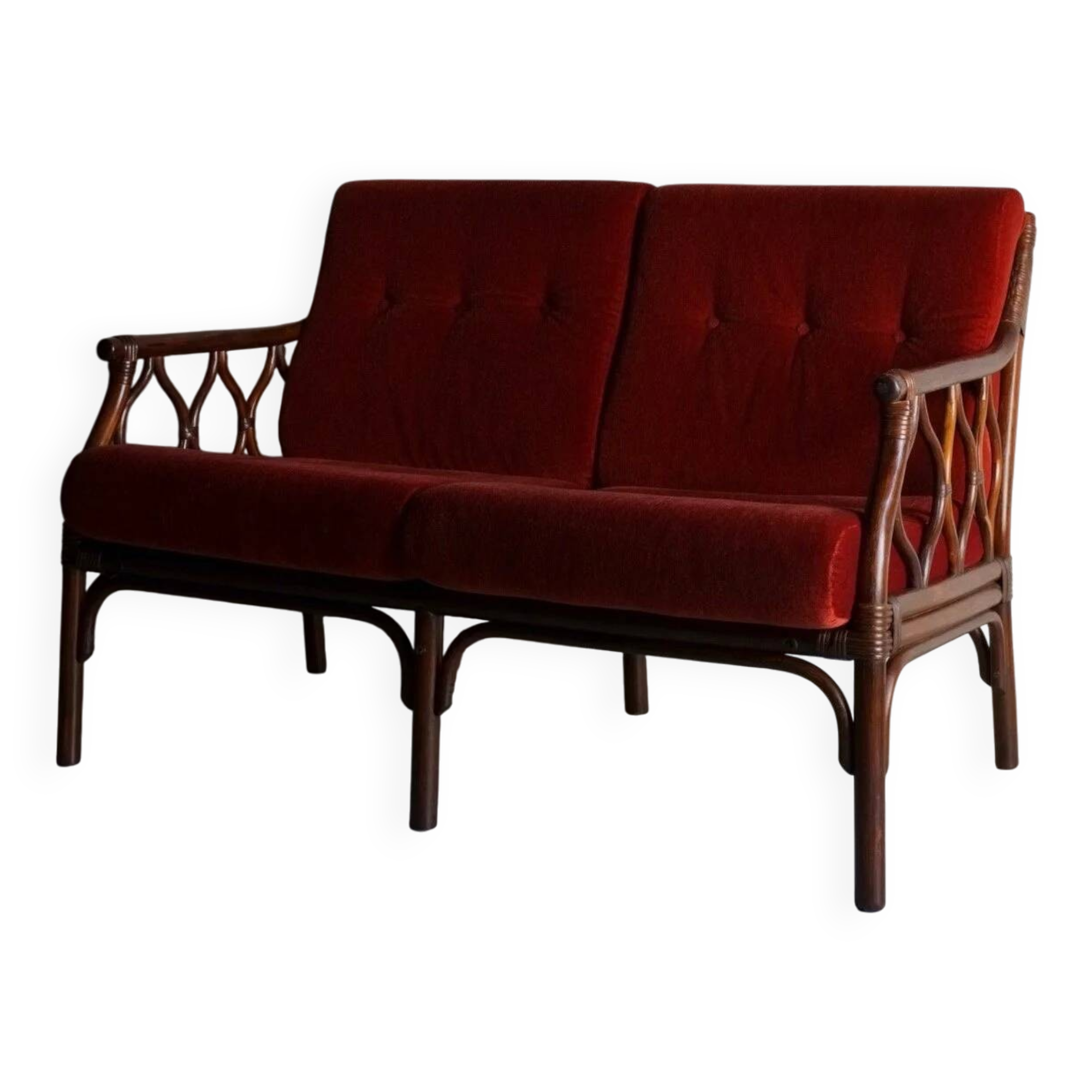 Red velour dark rattan 2-seater sofa | 1980s