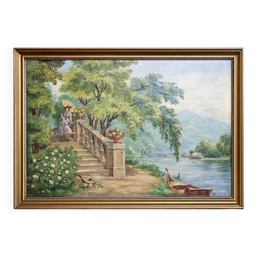 Tableau huile sur toile représentant une scène romantique