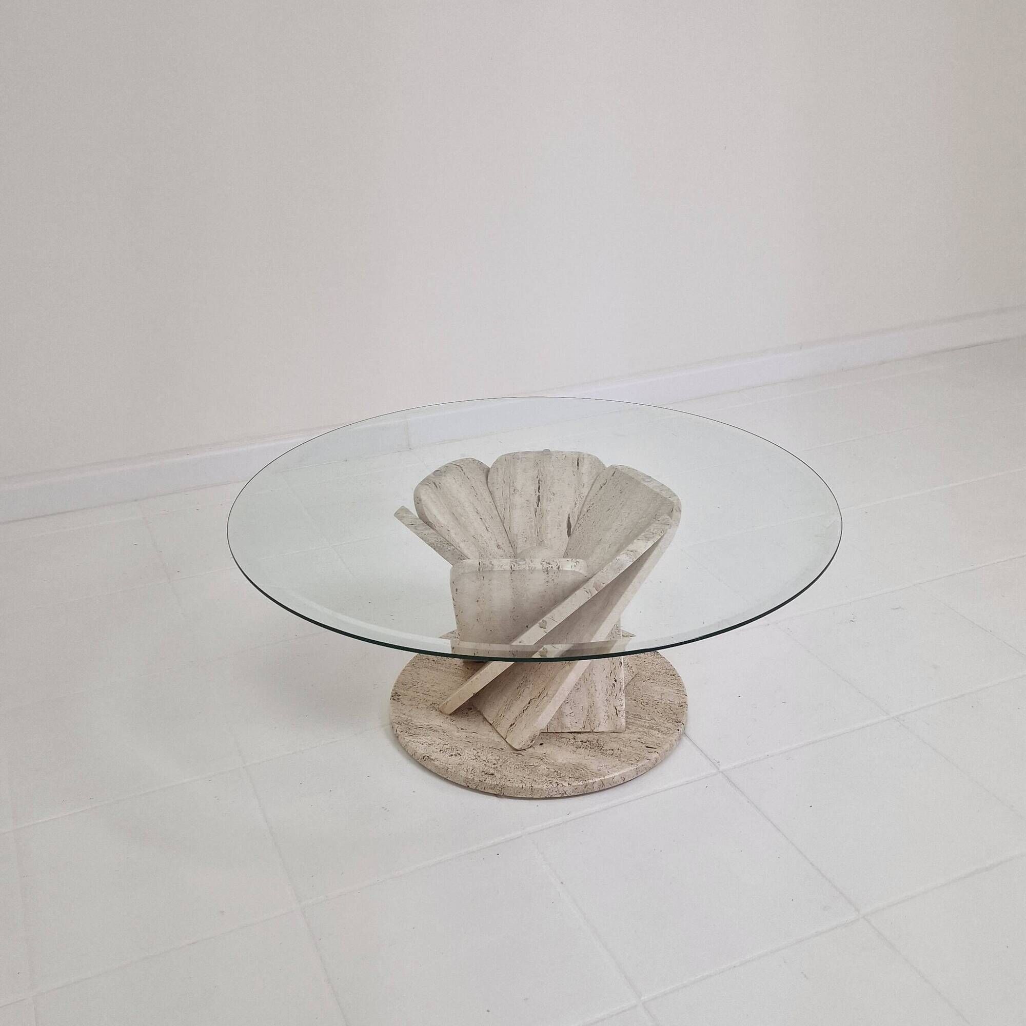 Italian "Flower" Coffee Table in Travertine With Facet-cut Round Plate, 1980s
