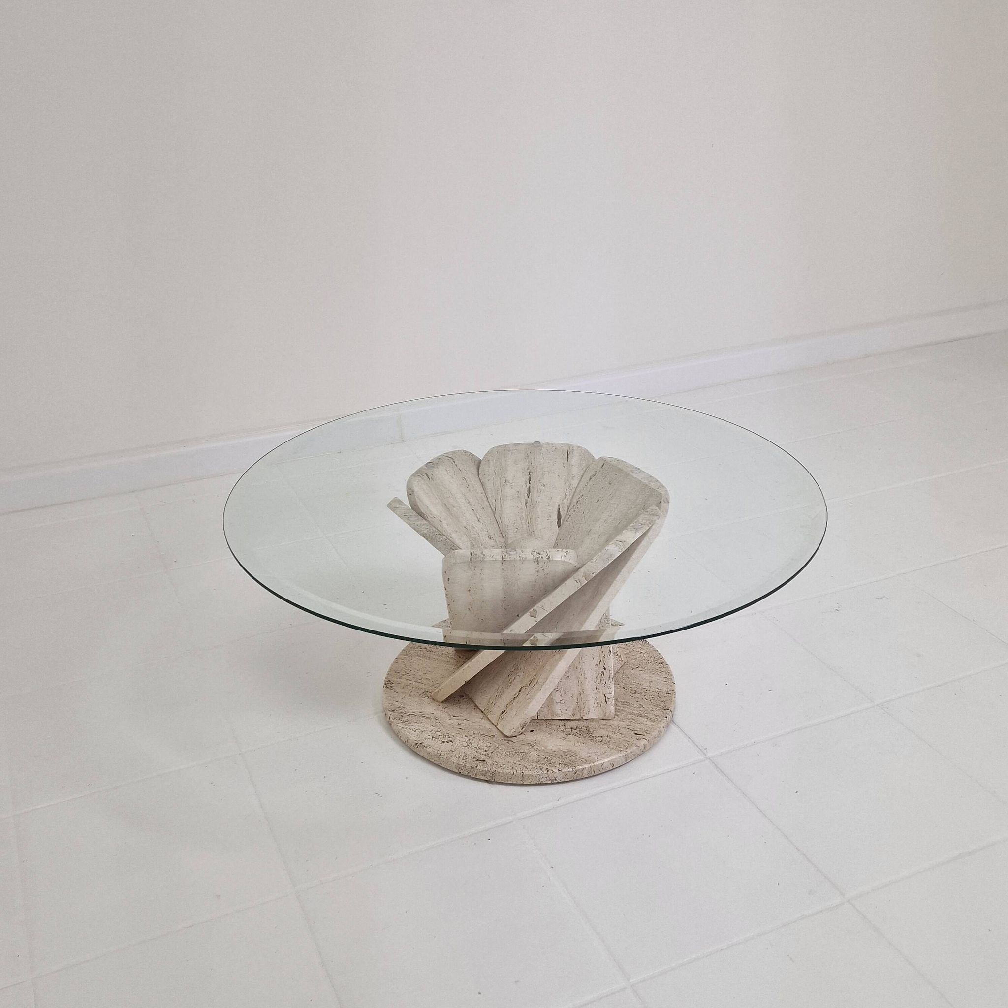 Italian "Flower" Coffee Table in Travertine With Facet-cut Round Plate, 1980s