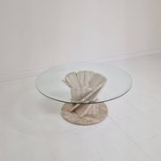 Italian "Flower" Coffee Table in Travertine With Facet-cut Round Plate, 1980s