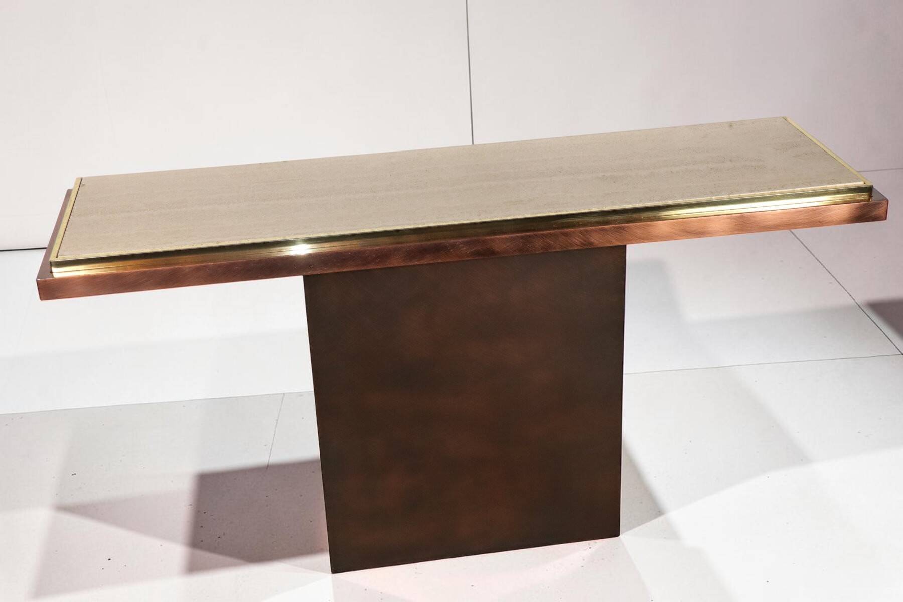 Minimalist console in travertine and patinated metal — 1970s