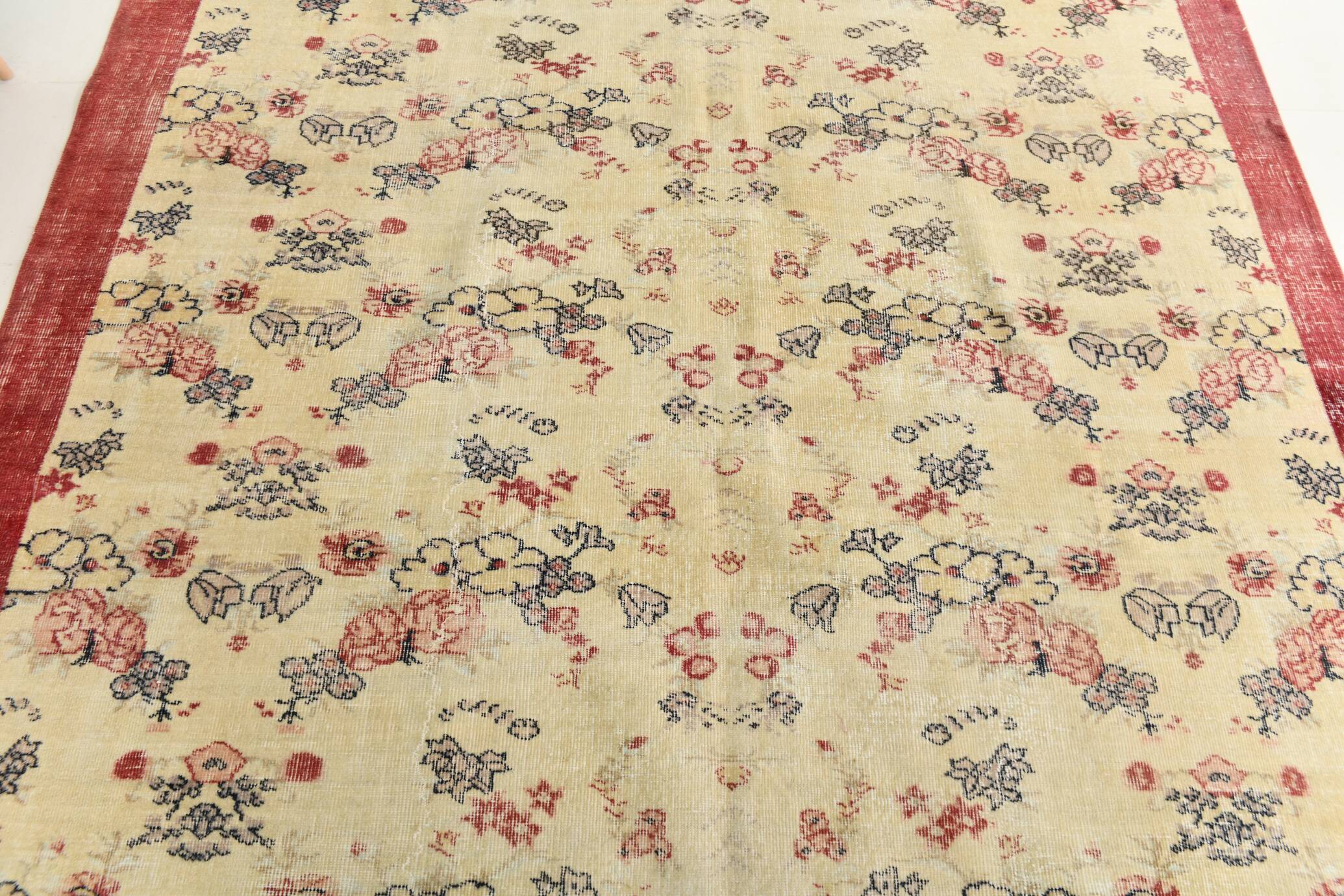 7x9 Yellow & Burgundy Floral Turkish Vintage Rug, 216x281Cm
