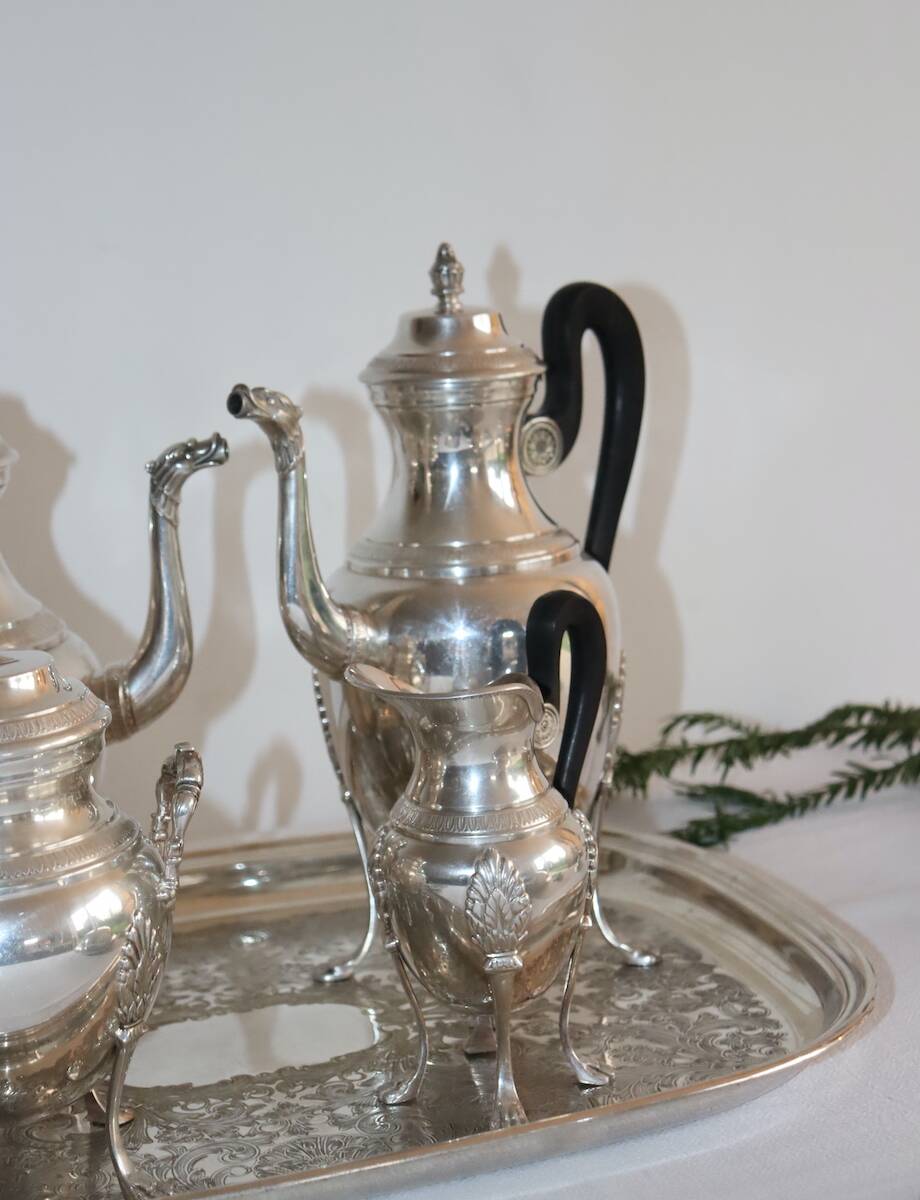 Silver-plated metal tea and coffee service in Empire style.