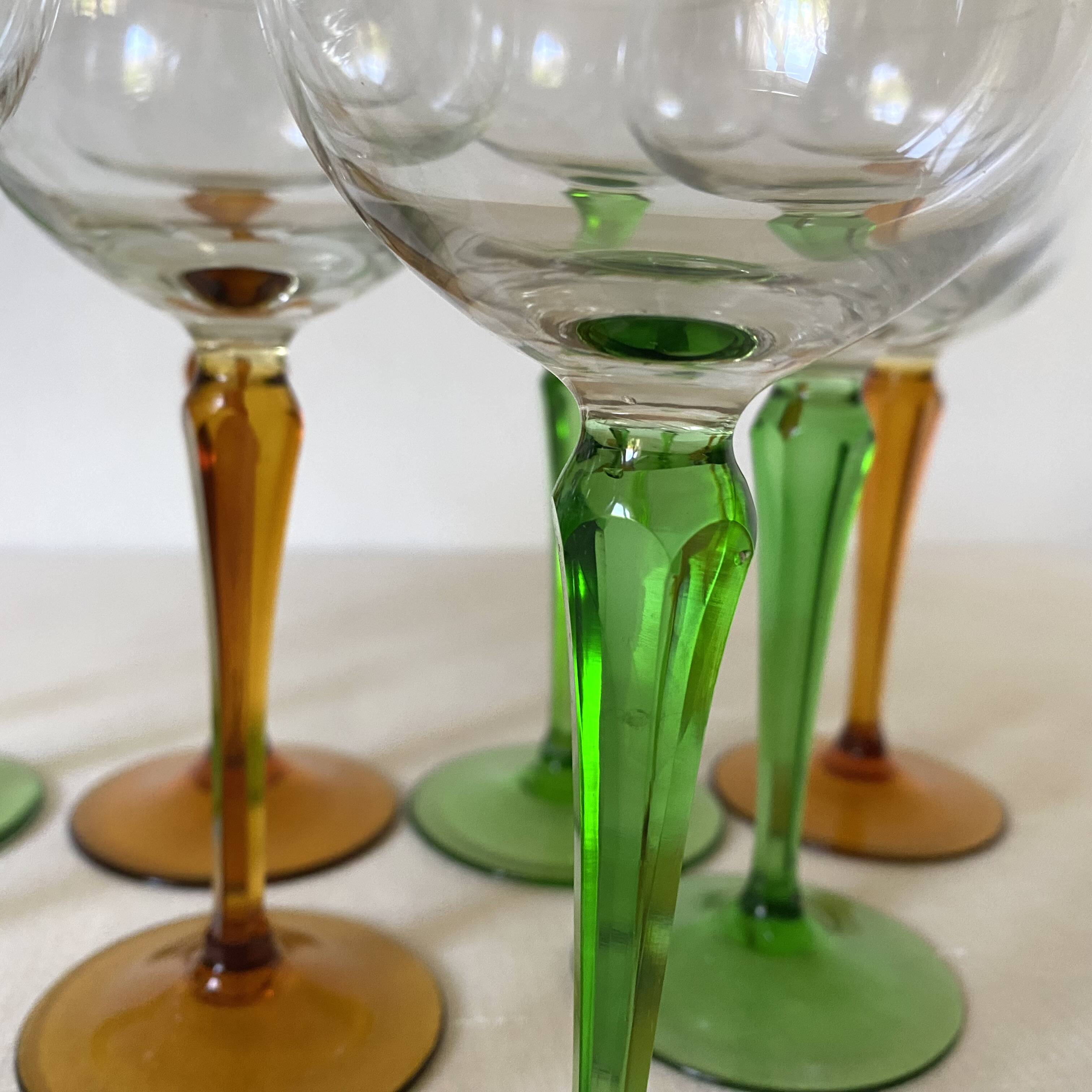 Vintage stemmed glasses, green or amber stem