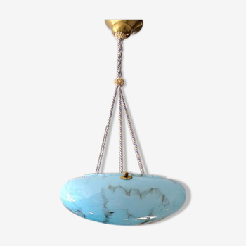 Suspension plafonnier 1930 en verre bleu marbré