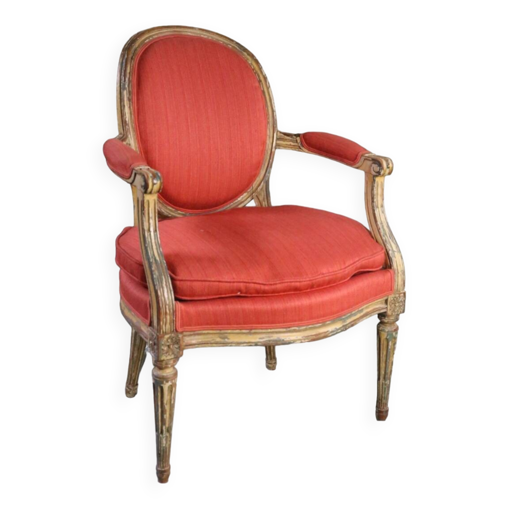 Fauteuil Médaillon Cabriolet Rénové - Bois Et Tissu Gris - Style Médaillon - 87x60 Cm